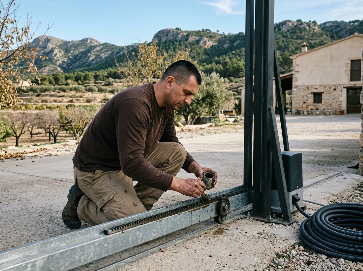 Automatismos de puertas en Ibi: técnico engrasando la cremallera de una puerta corredera