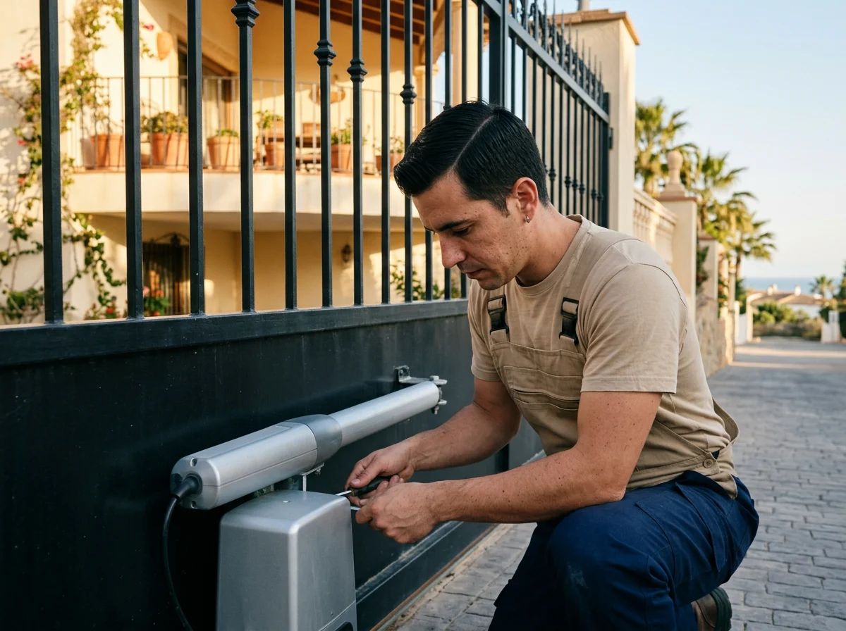 Automatismos de puertas en Els Poblets: técnico instalando un motor en una cancela de campo