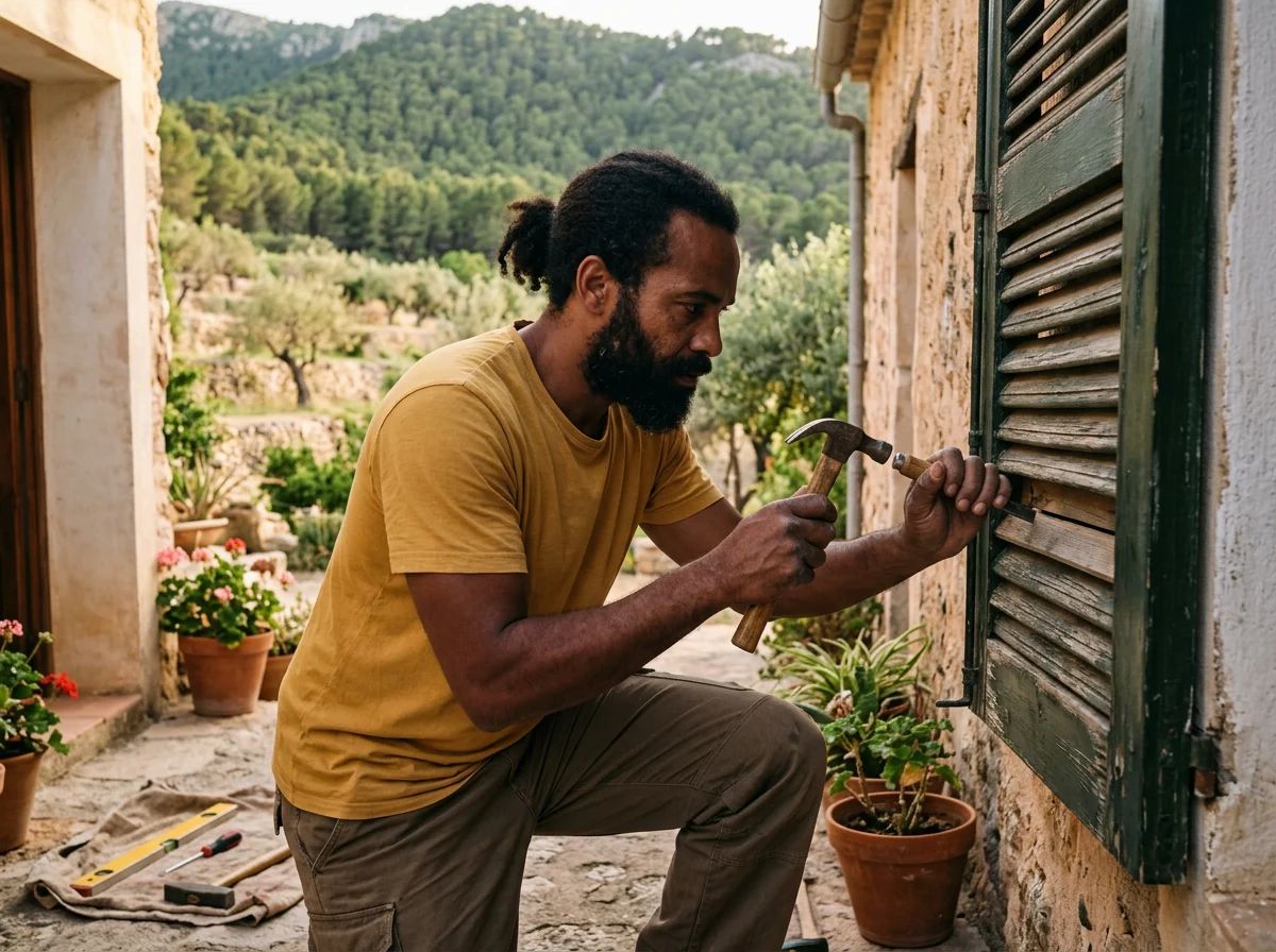 Reparación de persianas en Tibi: técnico reparando una persiana de madera
