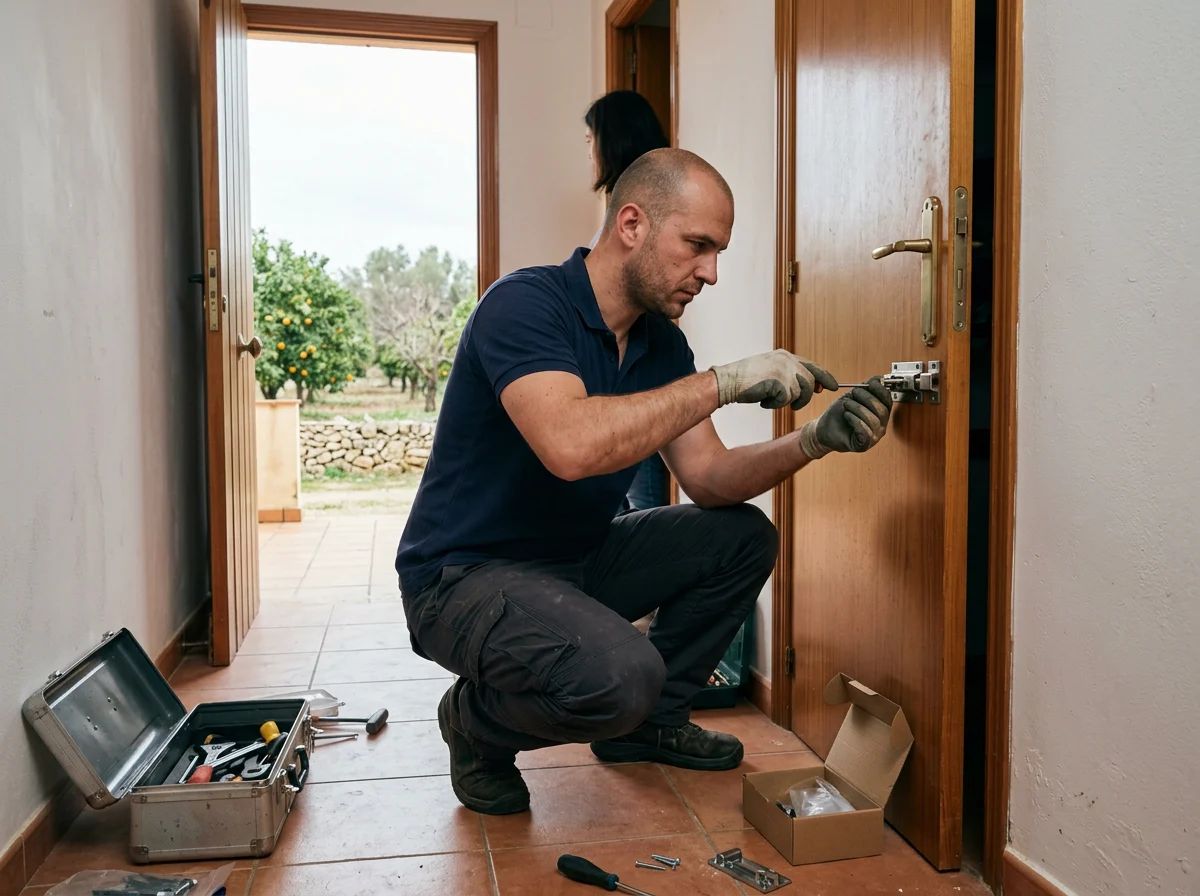 Cerrajeros en Benimantell: técnico instalando una cerradura en la puerta de un trastero