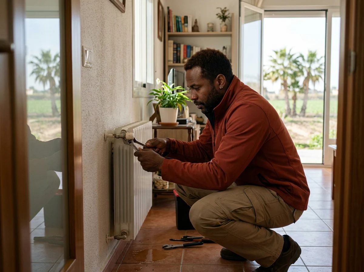 Fontaneros en Benejúzar: técnico reparando la llave de un radiador