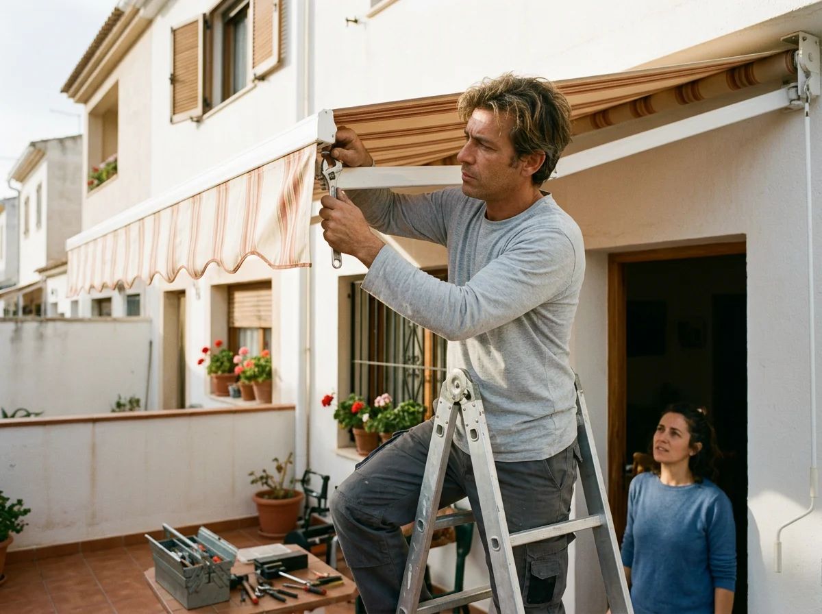Reparación de persianas en Sant Joan d'Alacant: técnico reparando un toldo