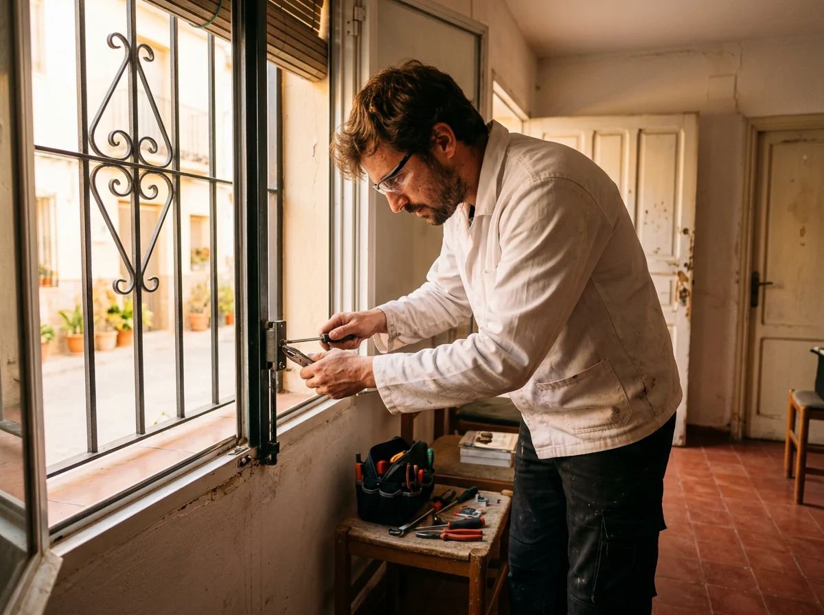 Cerrajeros en Jacarilla: técnico reparando la cerradura de una reja