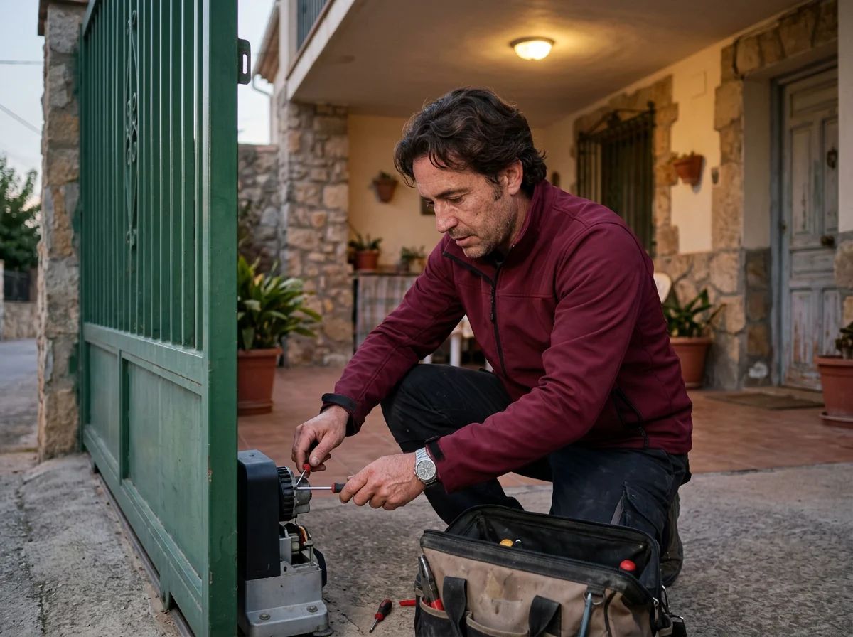 Automatismos de puertas en San Miguel de Salinas: técnico ajustando una puerta peatonal automática