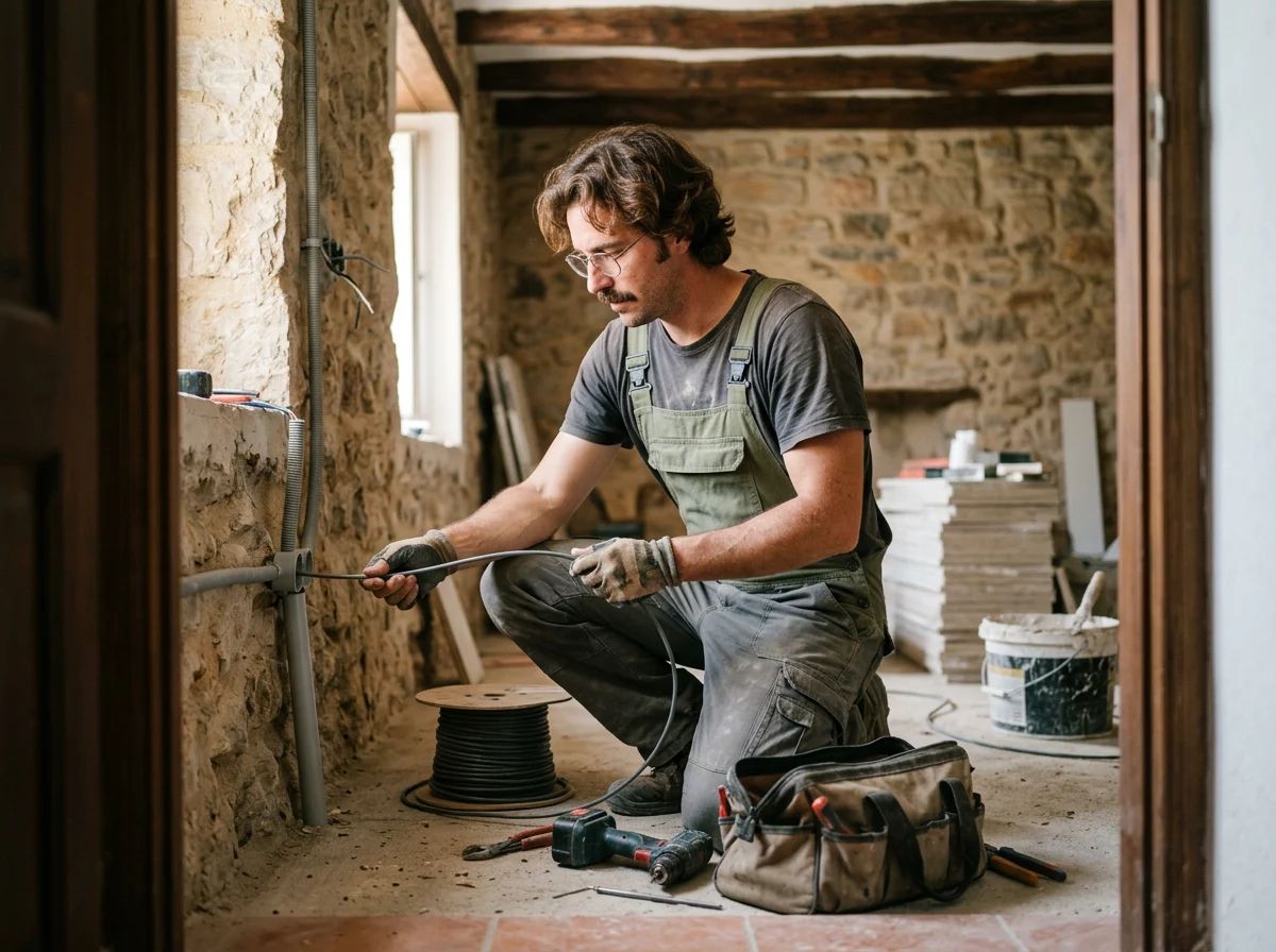 Electricistas en Banyeres de Mariola: técnico pasando cable nuevo por el tubo