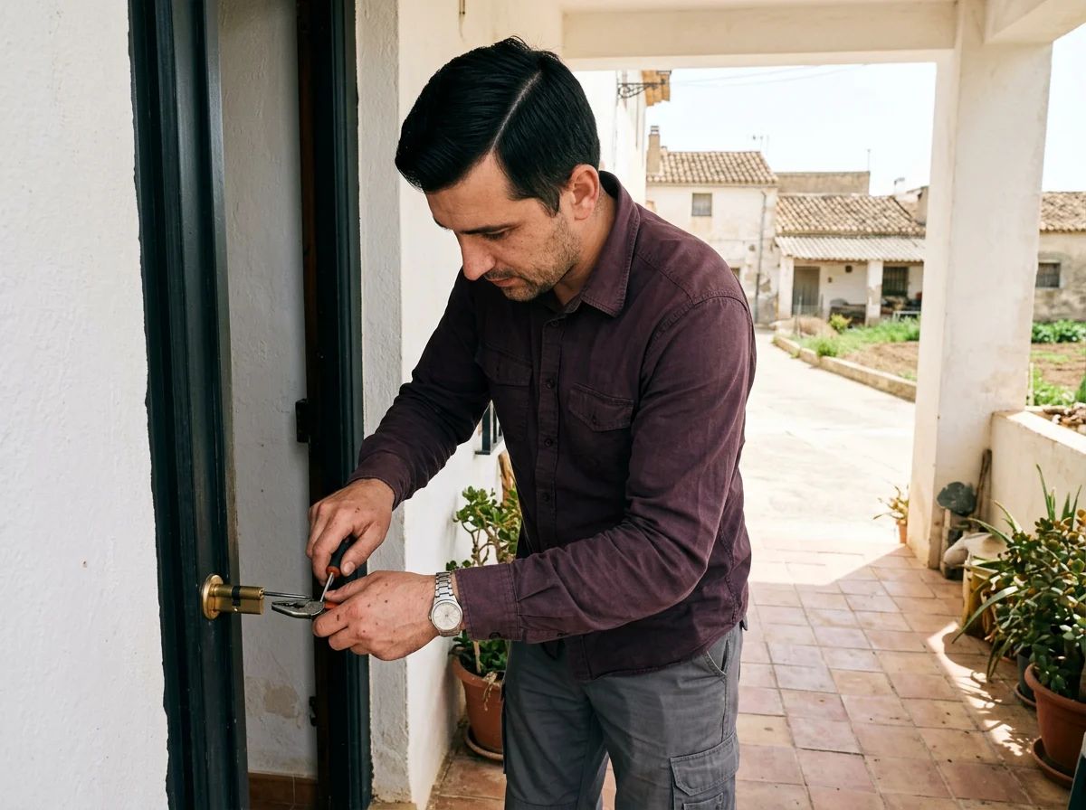 Cerrajeros en Catral: técnico instalando un bombín antibumping en una puerta blindada