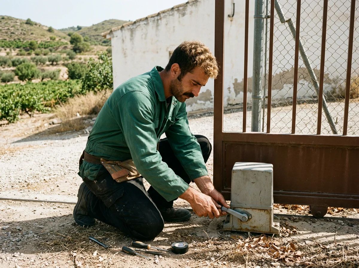 Automatismos de puertas en Monforte del Cid: técnico probando el desbloqueo manual de un motor