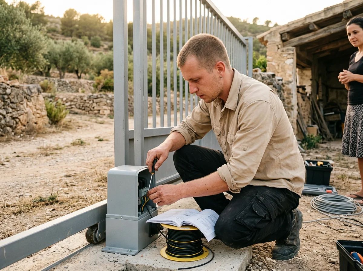 Automatismos de puertas en Torremanzanas: técnico instalando un motor de puerta corredera
