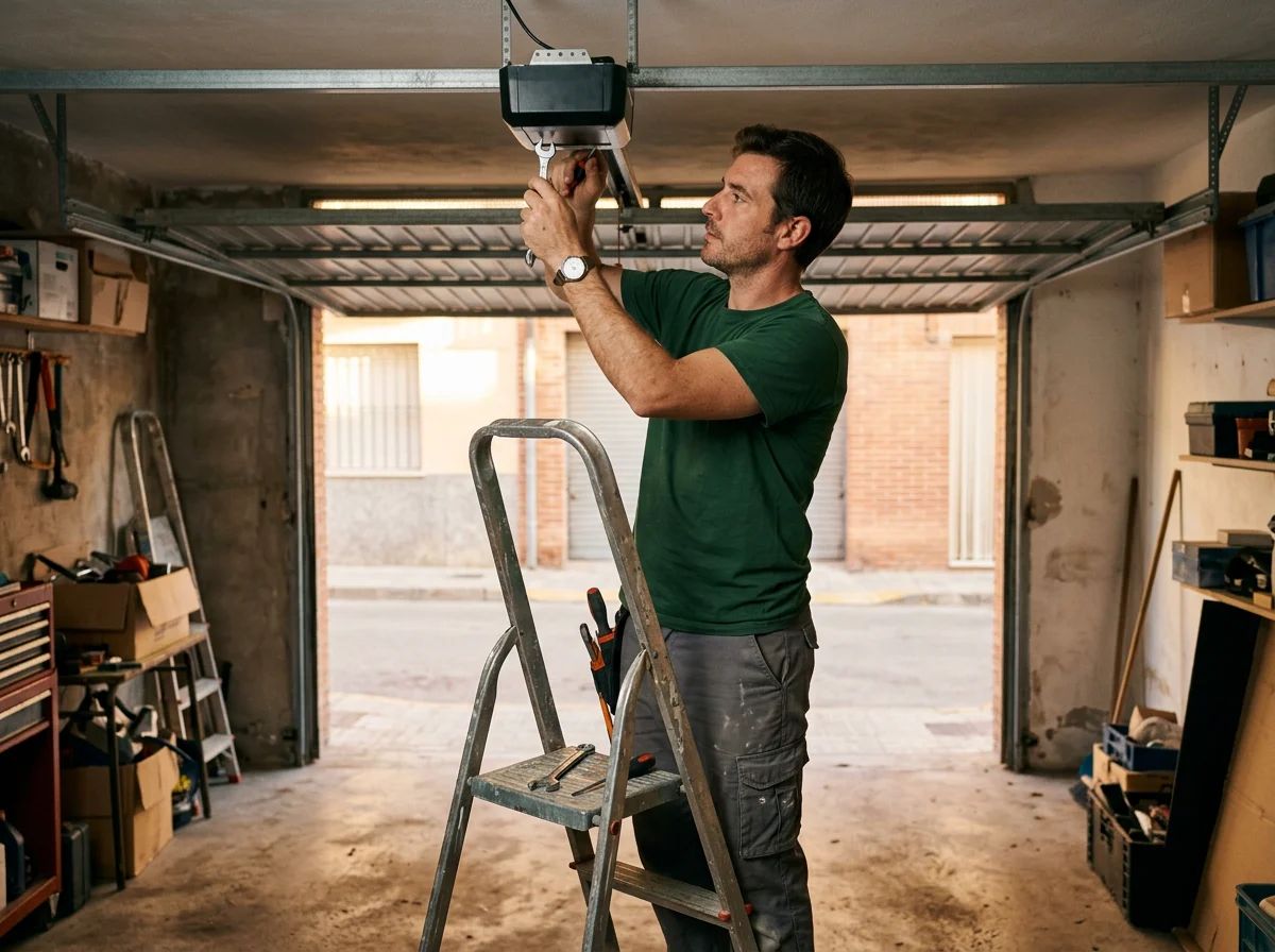 Puertas de garaje en Agres: técnico instalando un motor de techo