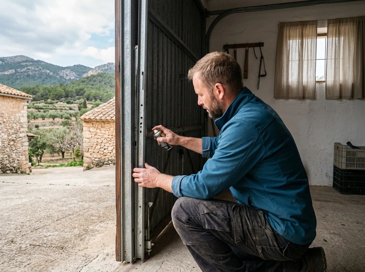 Puertas de garaje en Tibi: técnico engrasando una puerta basculante