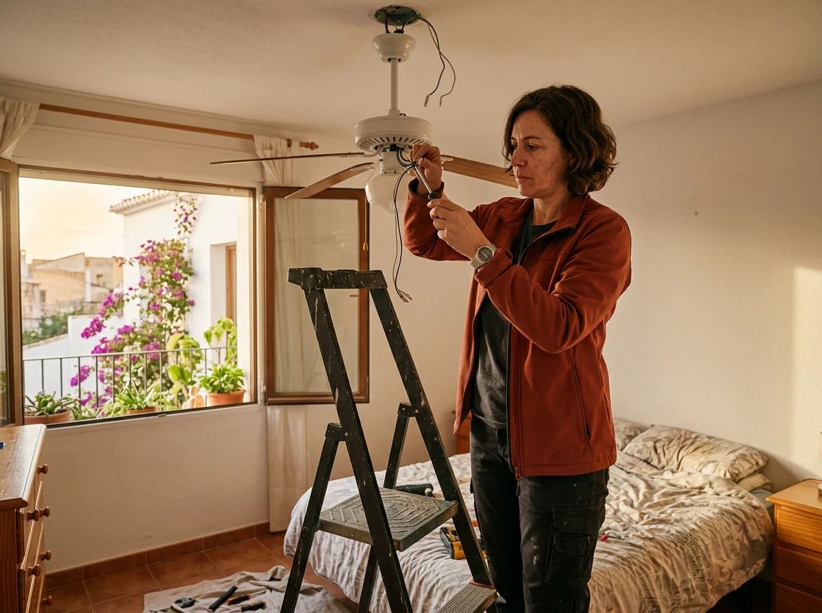 Electricistas en Jávea: técnico instalando un ventilador de techo