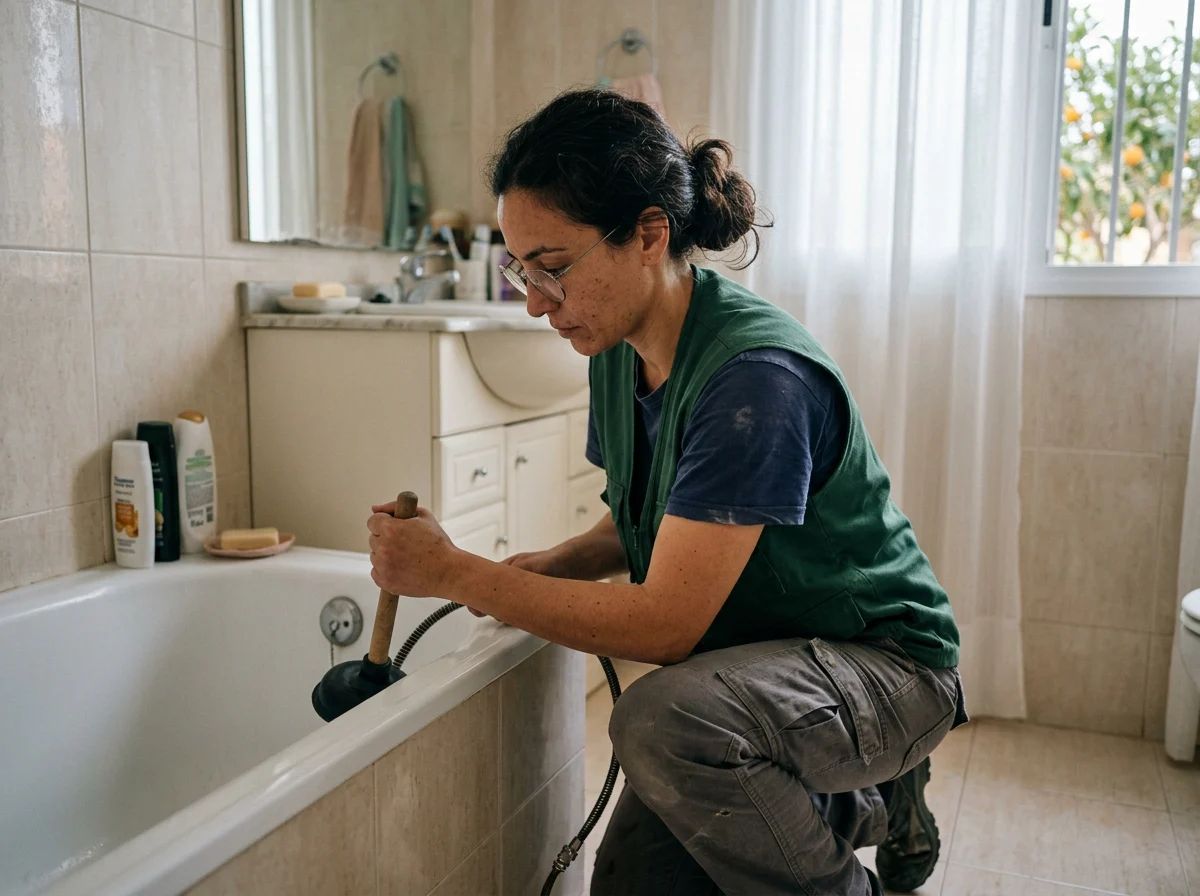 Desatascos en El Ràfol d'Almúnia: técnico desatascando una bañera
