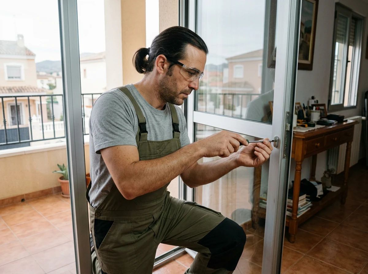 Cerrajeros en Agost: técnico cambiando la cerradura de una puerta de balcón