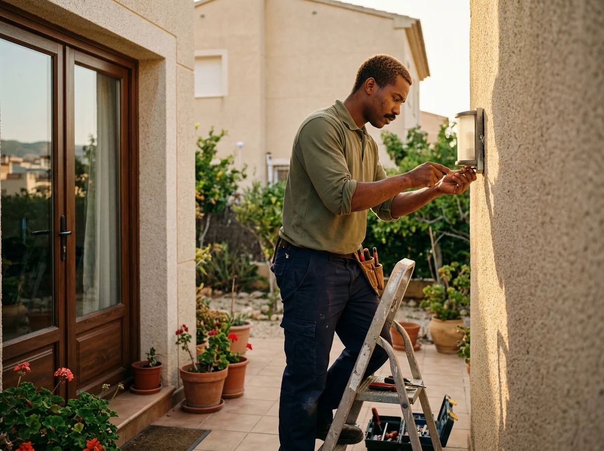 Electricistas en Agost: técnico instalando una luz exterior