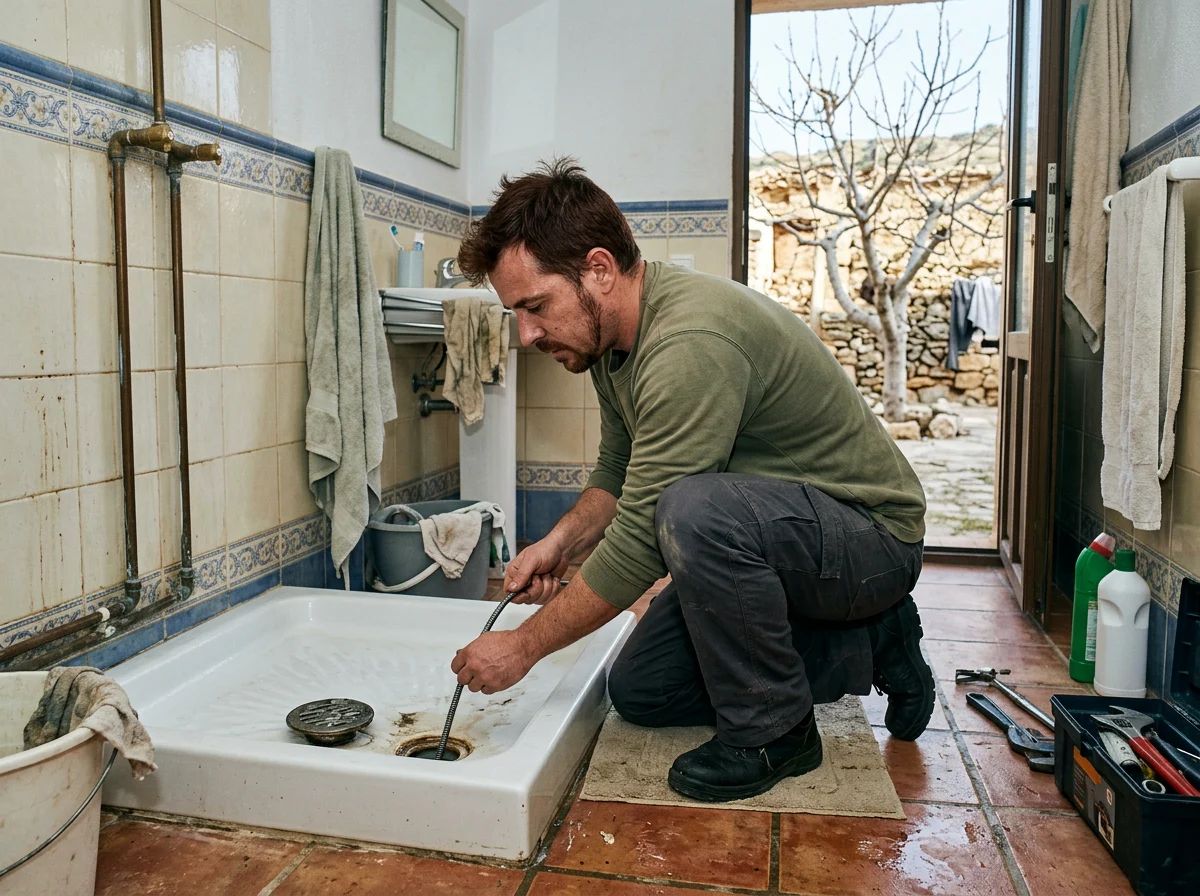 Desatascos en Villena: técnico desatascando el desagüe de la ducha