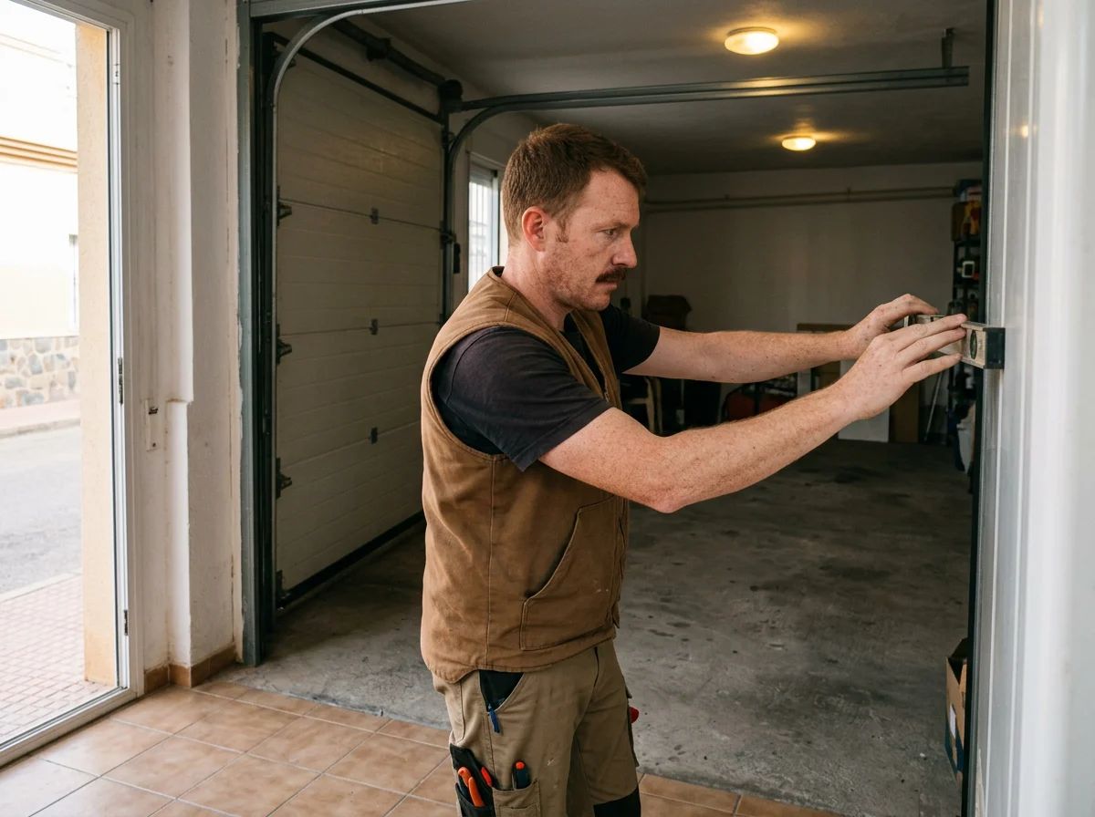 Puertas de garaje en Rafal: técnico alineando los carriles de una seccional