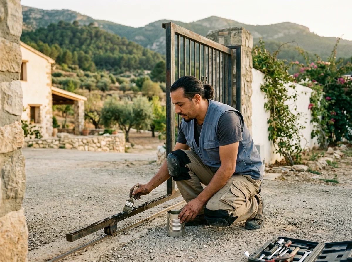 Automatismos de puertas en Tibi: técnico engrasando la cremallera de una puerta corredera