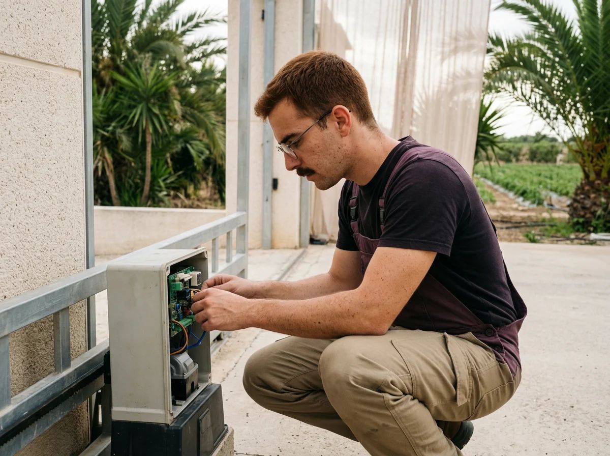 Automatismos de puertas en Benijófar: técnico revisando la placa de control de un automatismo