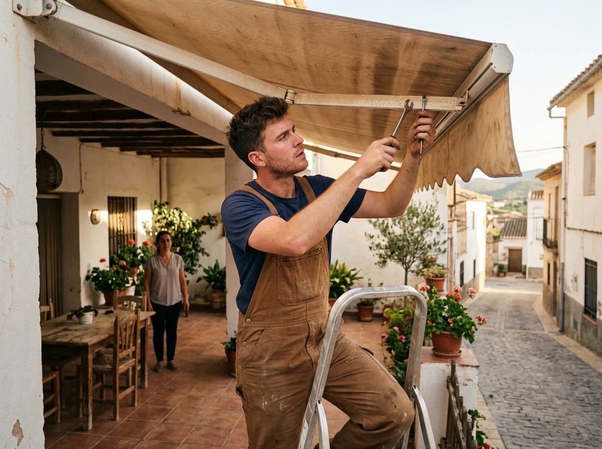 Reparación de persianas en Dolores: técnico reparando un toldo