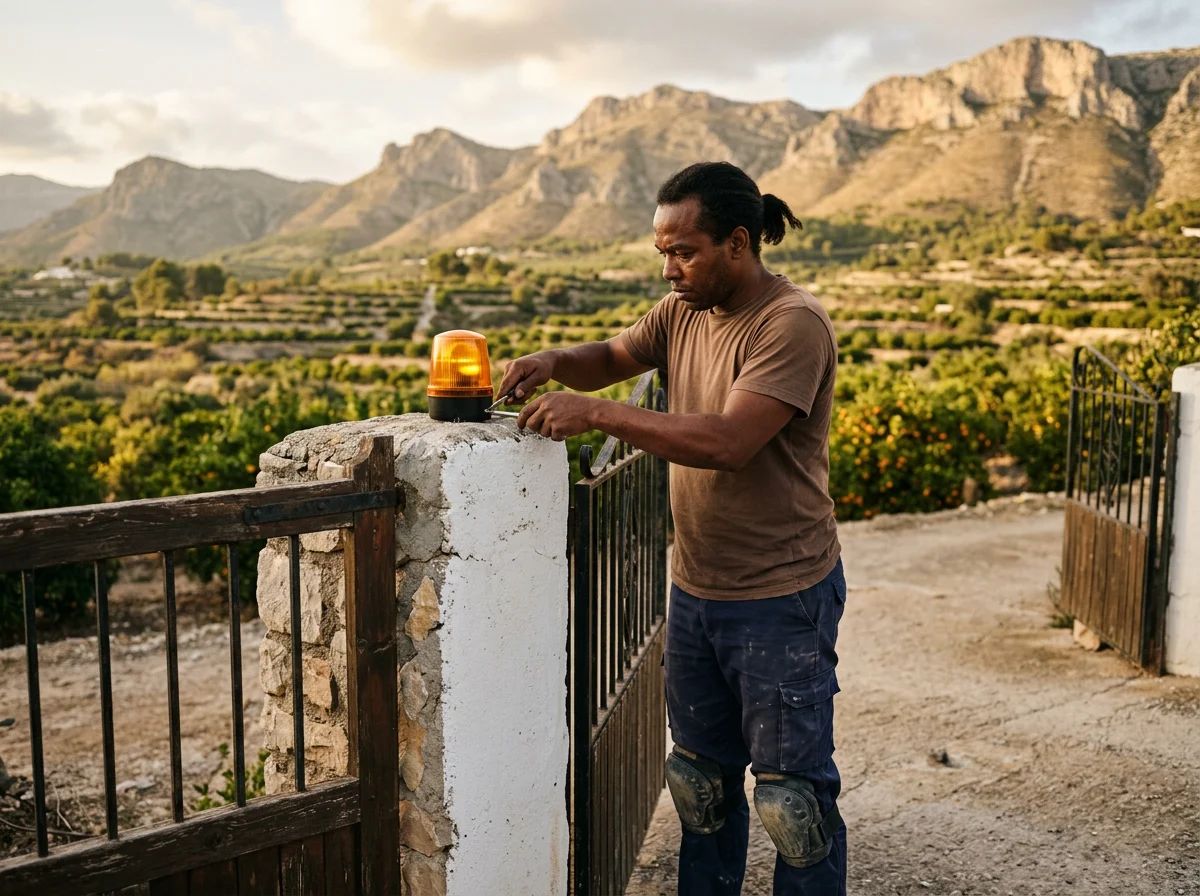 Automatismos de puertas en La Vall de Laguar: técnico instalando la luz de aviso de una puerta automática