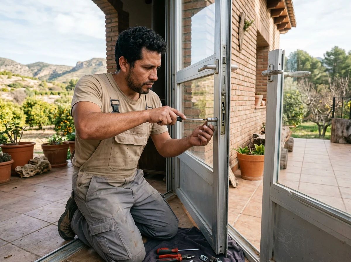 Cerrajeros en La Nucia: técnico cambiando la cerradura de una puerta de balcón