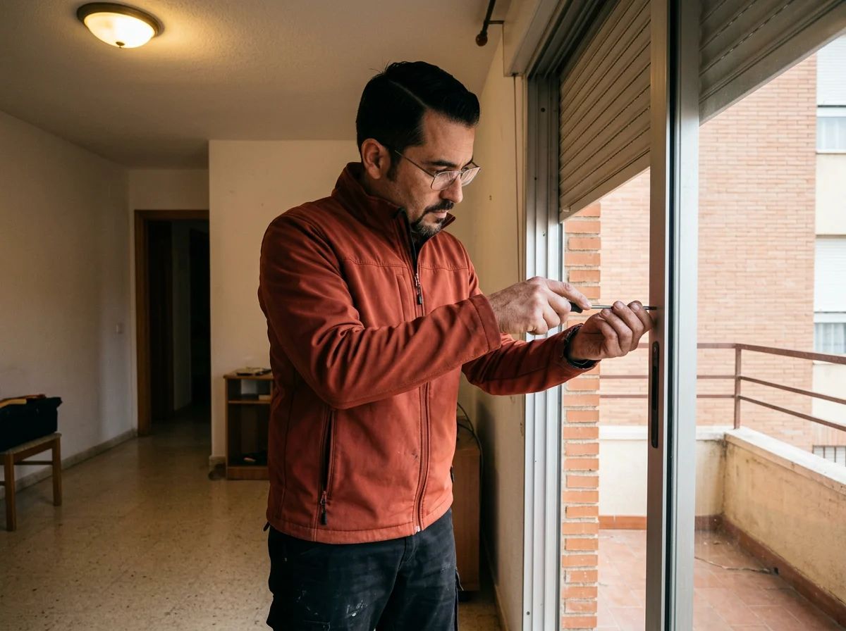 Reparación de persianas en Alfafara: técnico arreglando una persiana atascada