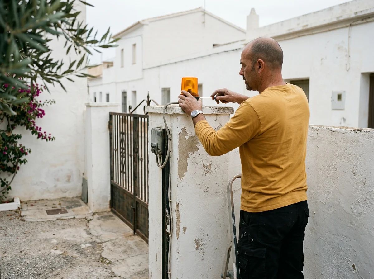 Automatismos de puertas en L'Alfàs del Pi: técnico instalando la luz de aviso de una puerta automática