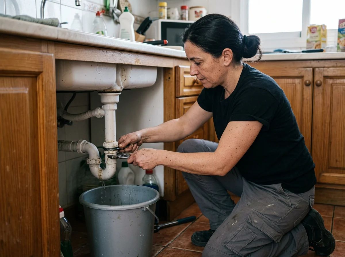 Desatascos en Villajoyosa: técnico limpiando el sifón del fregadero