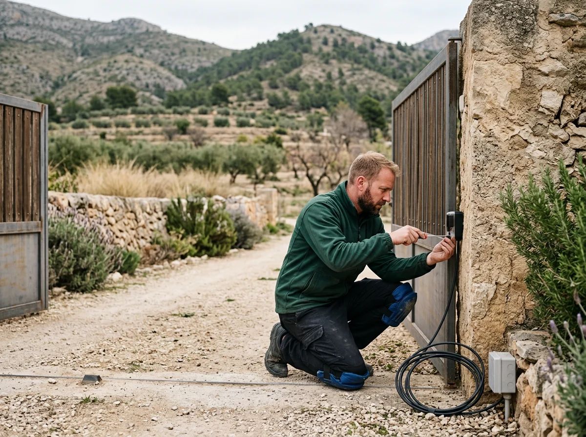 Automatismos de puertas en Aigües: técnico alineando las fotocélulas de una cancela