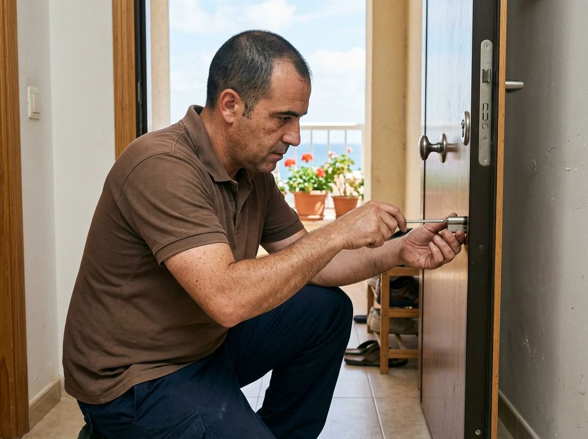 Cerrajeros en Benitachell: técnico instalando un bombín antibumping en una puerta blindada