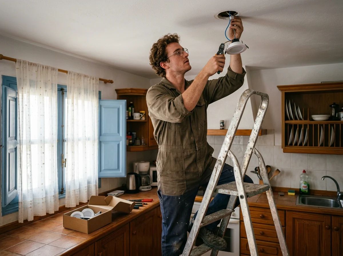 Electricistas en Dénia: técnico instalando focos LED en la cocina