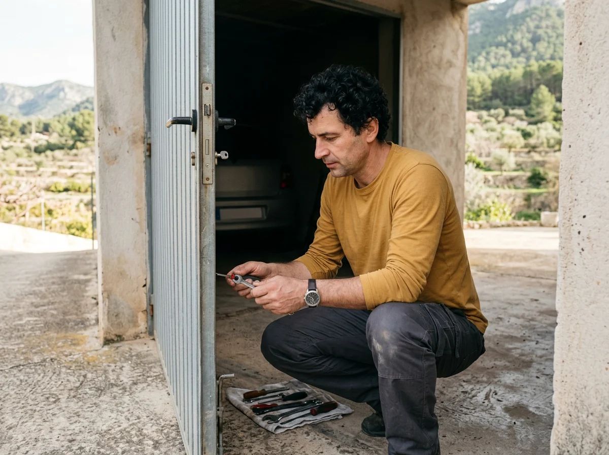 Puertas de garaje en Banyeres de Mariola: técnico reparando la cerradura de una puerta de garaje
