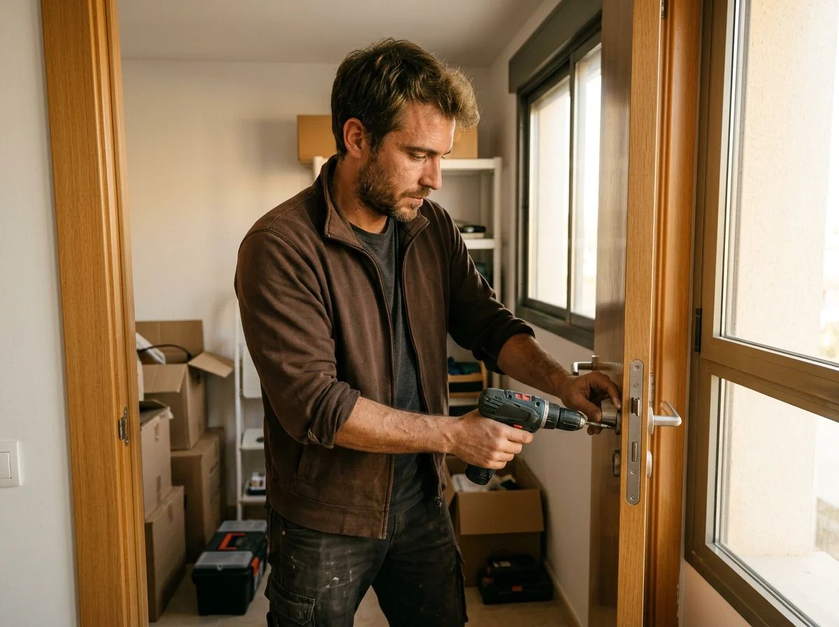 Cerrajeros en Elche: técnico instalando una cerradura en la puerta de un trastero
