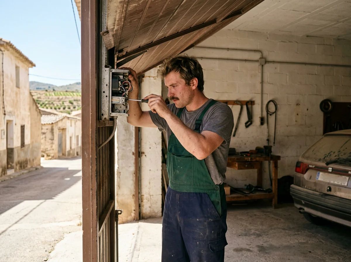 Puertas de garaje en Hondón de los Frailes: técnico revisando el motor de una puerta enrollable
