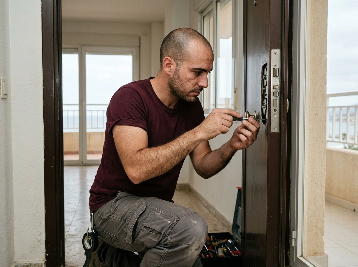 Cerrajeros en Santa Pola: técnico reparando una cerradura multipunto