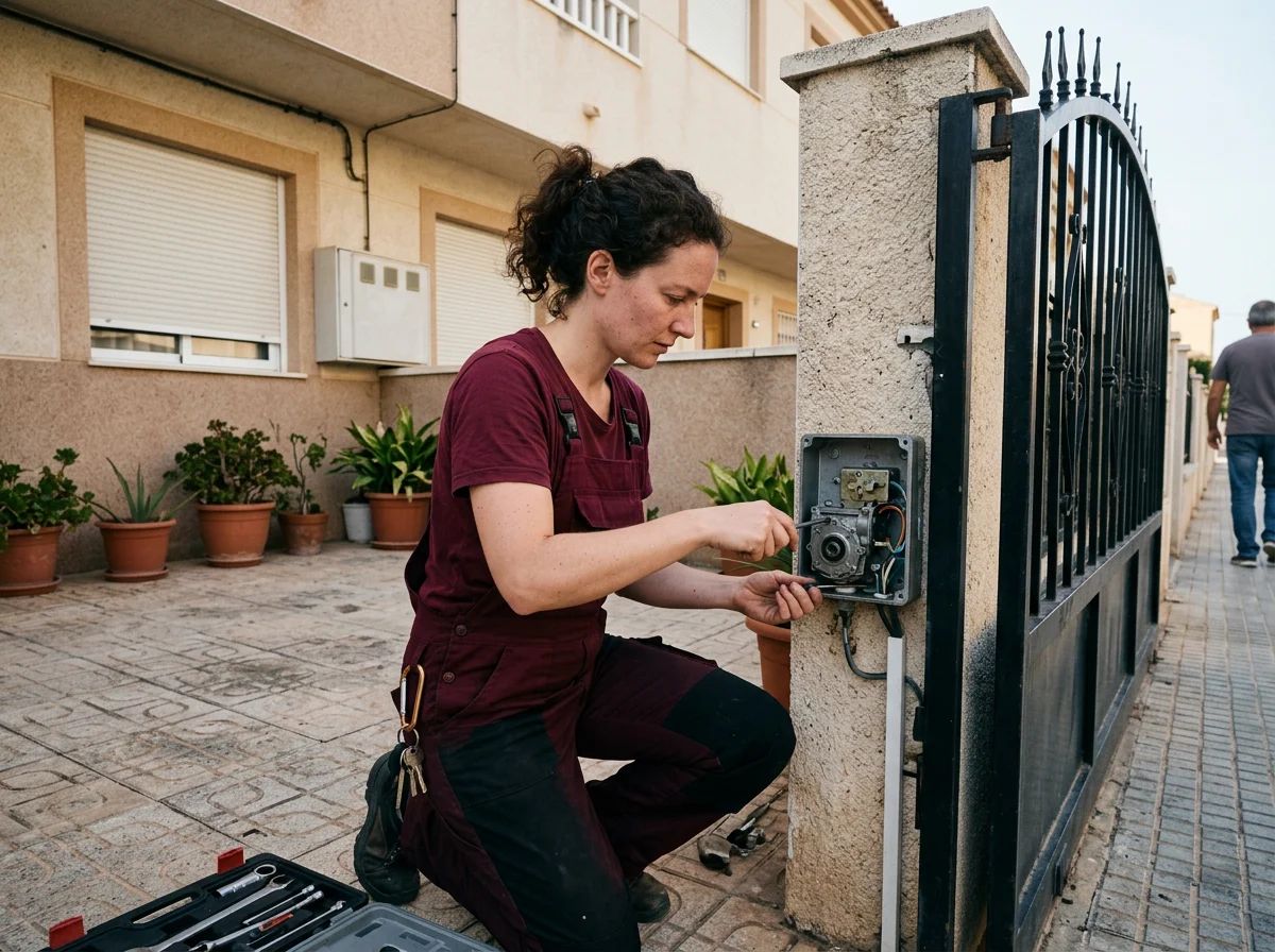 Automatismos de puertas en Benejúzar: técnico ajustando una puerta peatonal automática