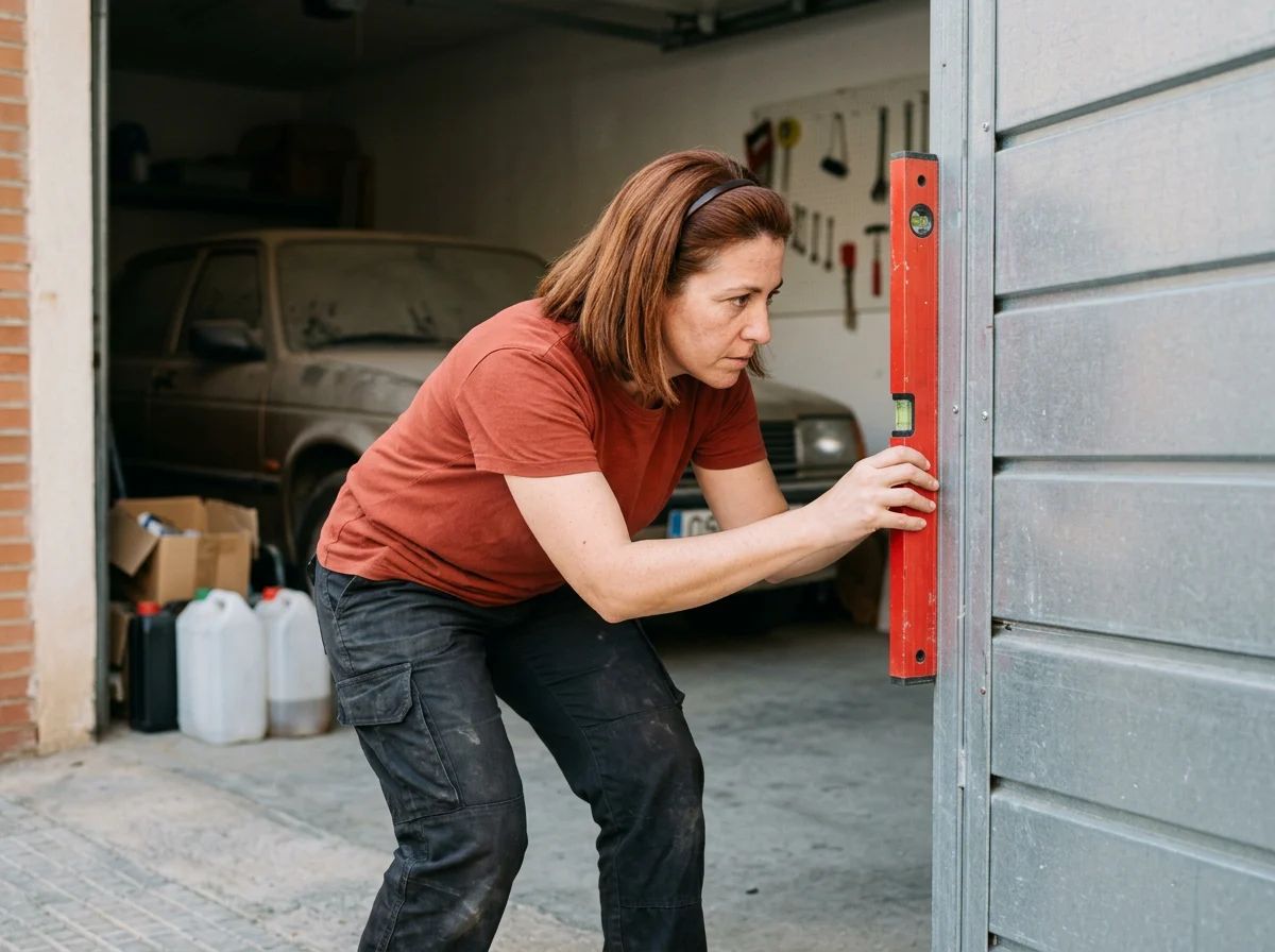 Puertas de garaje en Aspe: técnico alineando los carriles de una seccional