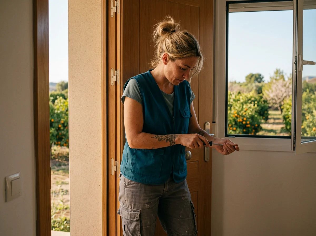 Cerrajeros en Gata de Gorgos: técnico ajustando las bisagras de una puerta que no cierra bien