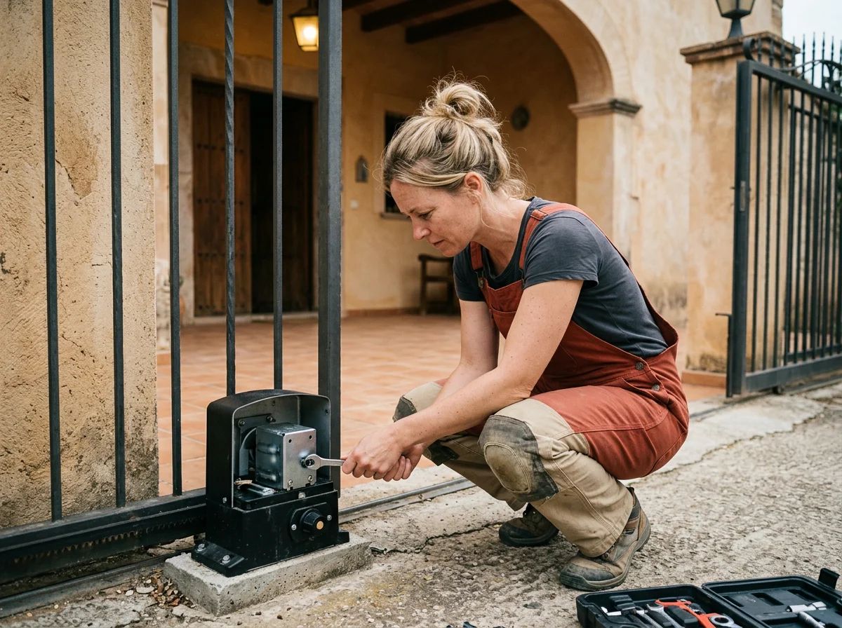 Automatismos de puertas en Senija: técnico revisando el motor de una puerta corredera