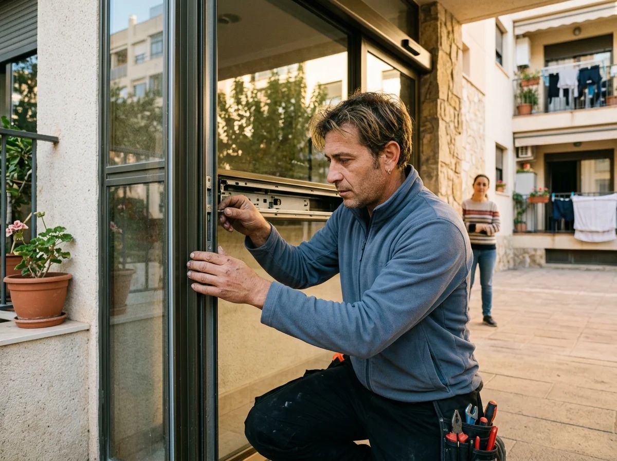 Automatismos de puertas en Elche: técnico ajustando una puerta peatonal automática