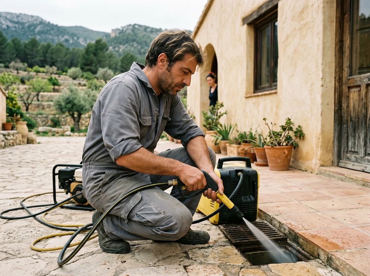 Desatascos en Muro de Alcoy: técnico desatascando con agua a presión