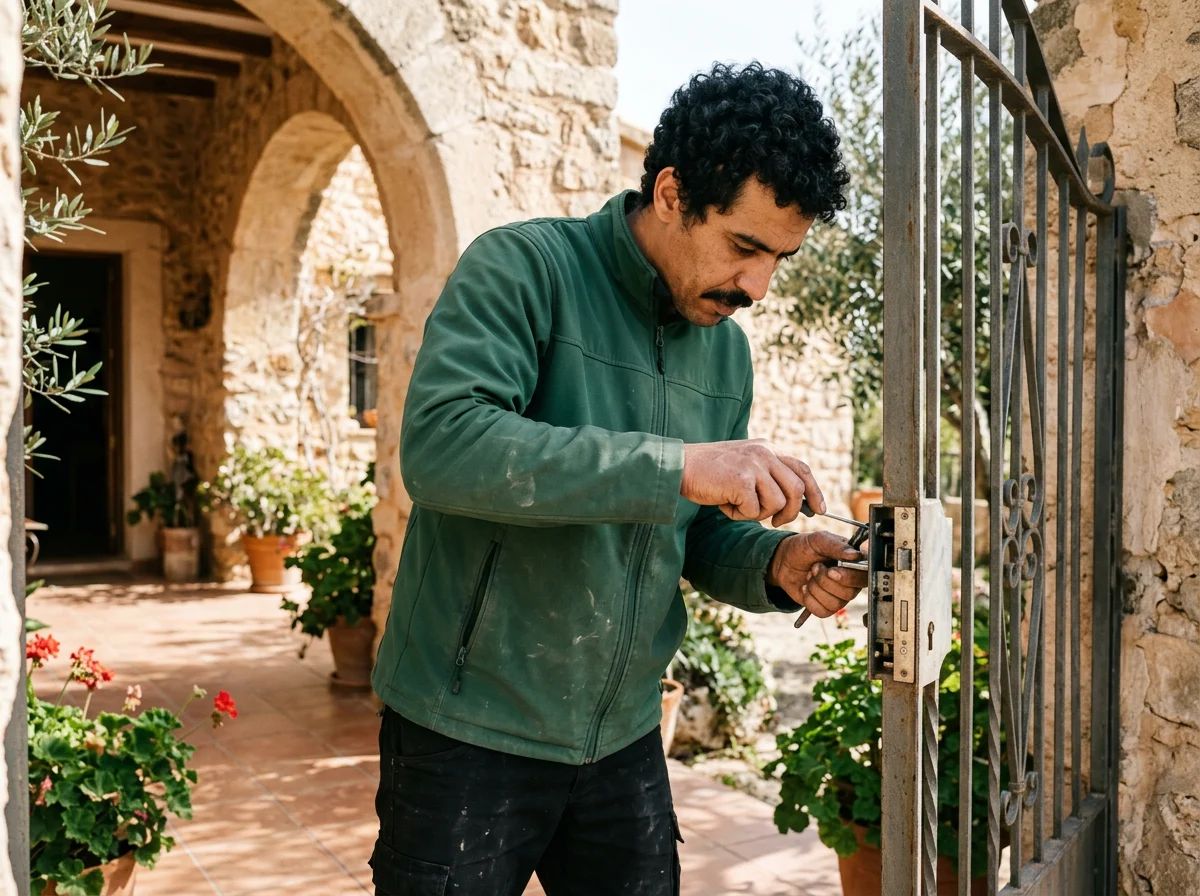 Cerrajeros en Parcent: técnico reparando la cerradura de una cancela de jardín