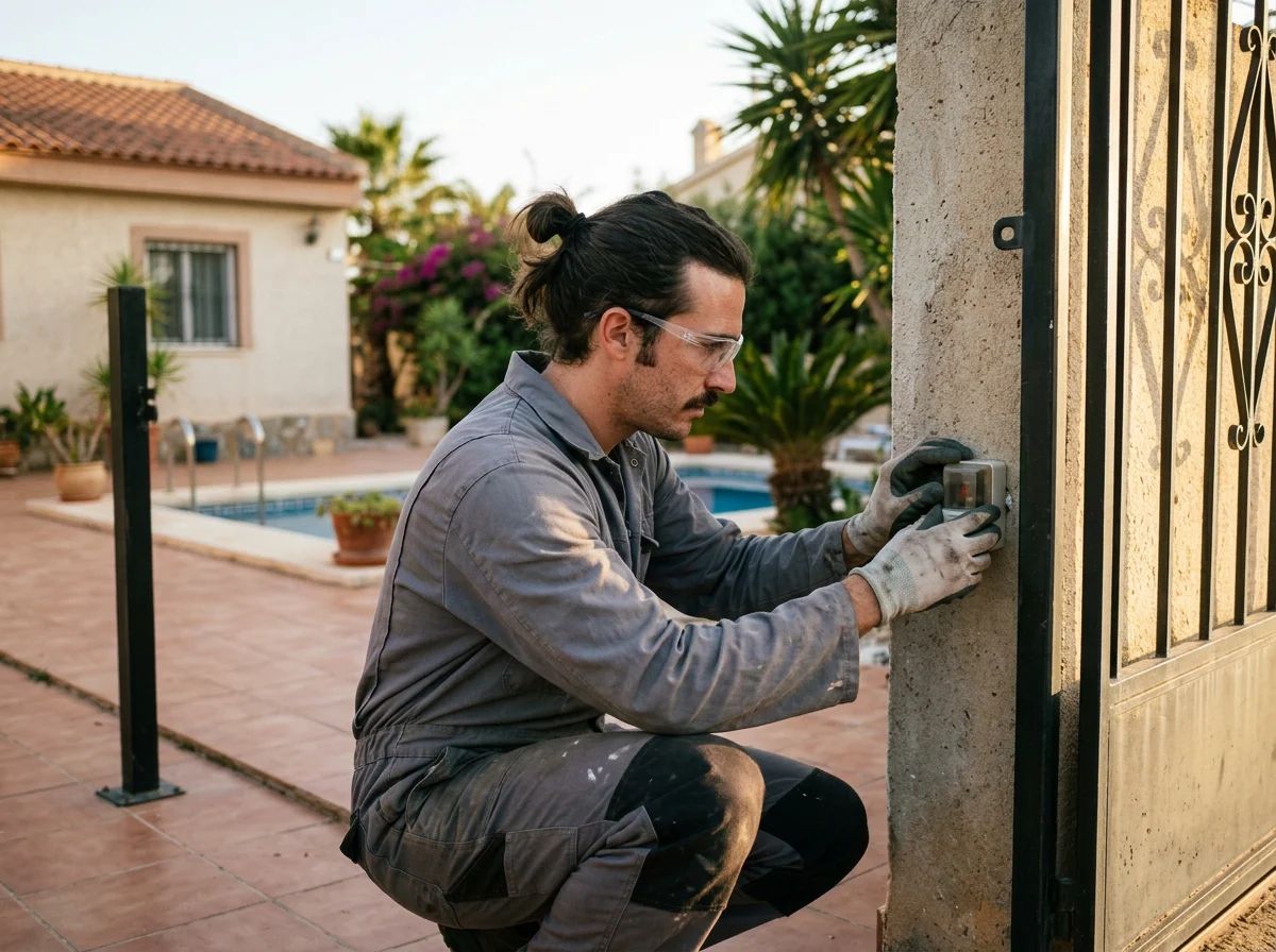 Automatismos de puertas en Torrevieja: técnico alineando las fotocélulas de una cancela