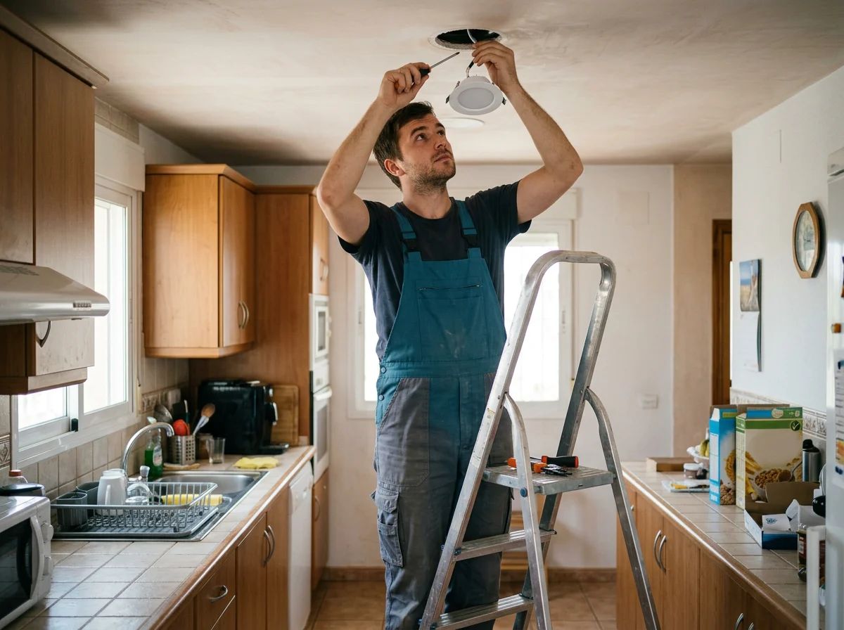 Electricistas en Crevillent: técnico instalando focos LED en la cocina