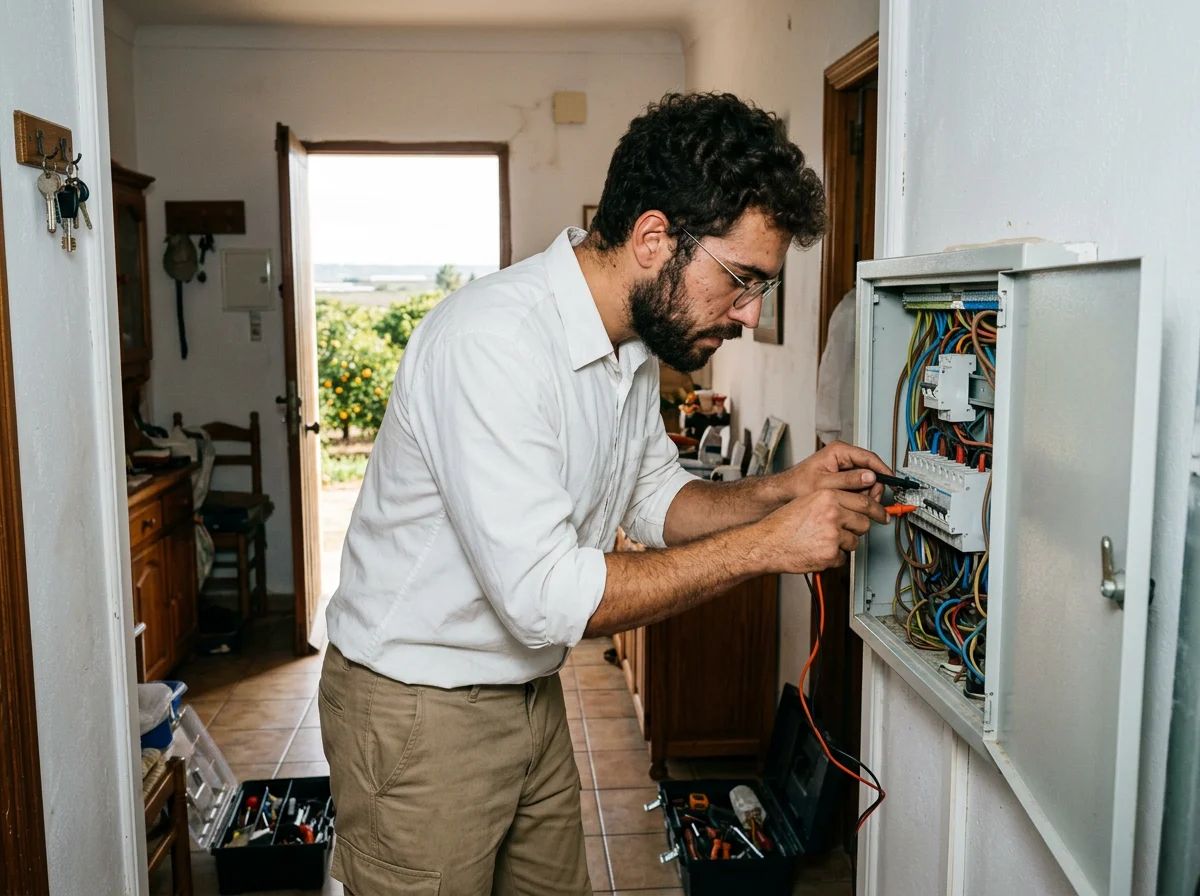 Electricistas en San Isidro: técnico revisando el cuadro eléctrico
