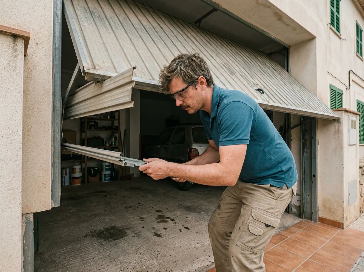 Puertas de garaje en Bolulla: técnico cambiando un panel de una puerta seccional