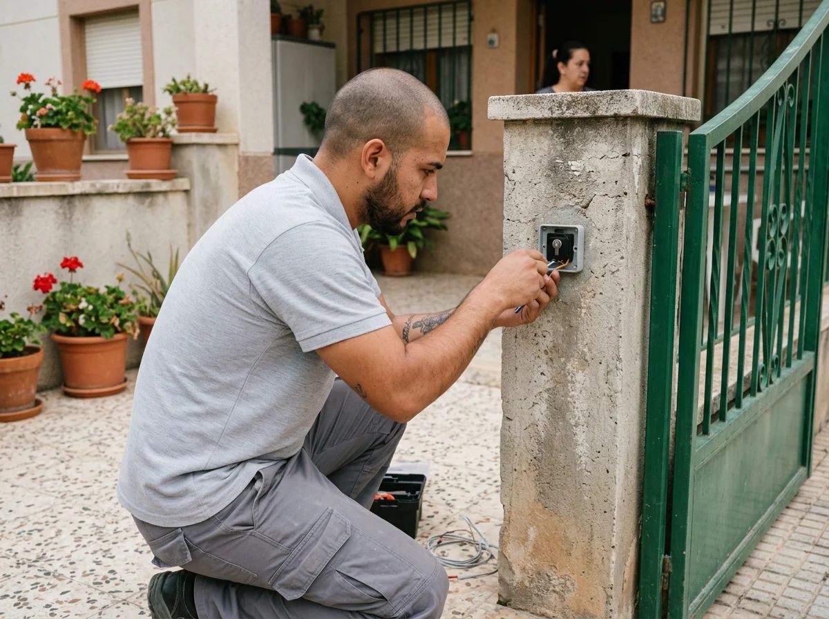 Automatismos de puertas en Beneixama: técnico instalando un selector de llave