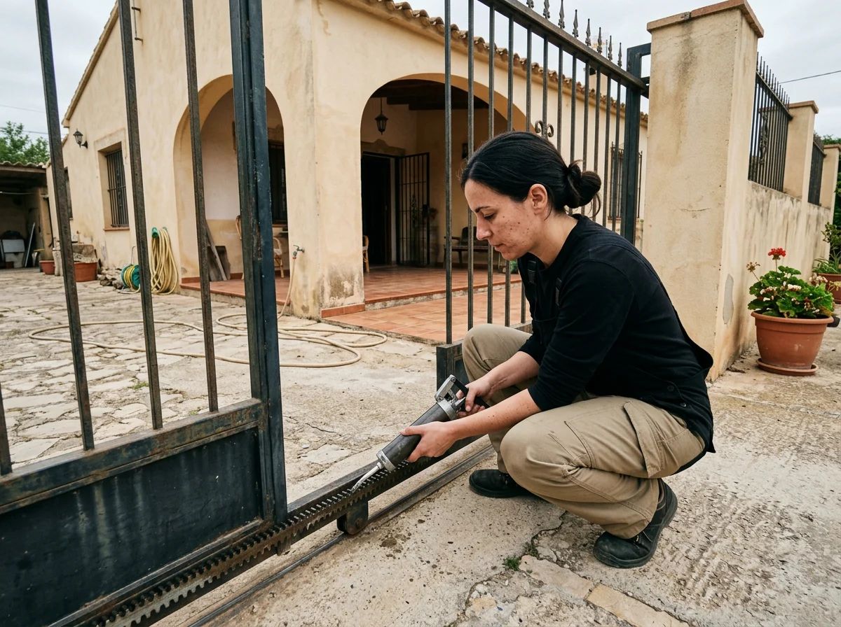 Automatismos de puertas en Callosa d'en Sarrià: técnico engrasando la cremallera de una puerta corredera