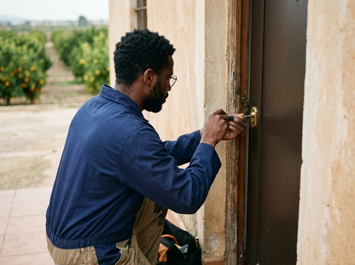 Cerrajeros en Daya Vieja: técnico instalando un bombín antibumping en una puerta blindada