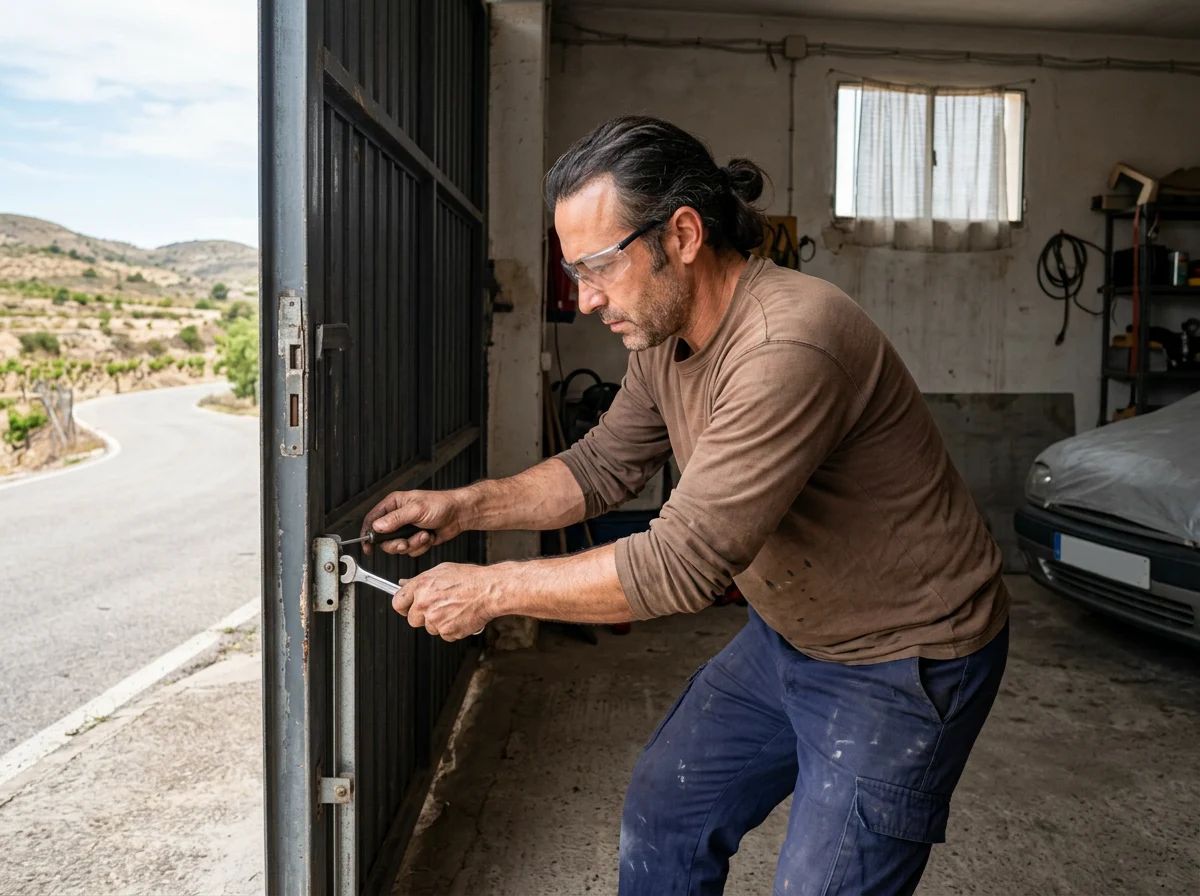 Puertas de garaje en Villena: técnico revisando la puerta de un garaje comunitario
